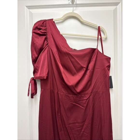 Mac Duggal Size 18 Burgundy 55632 Satin One Shoulder Puff Sleeve Trumpet Gown - Picture 5 of 10